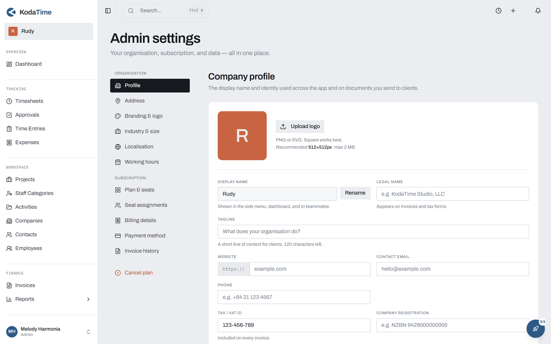 Admin settings page showing the organisation profile and subscription sections