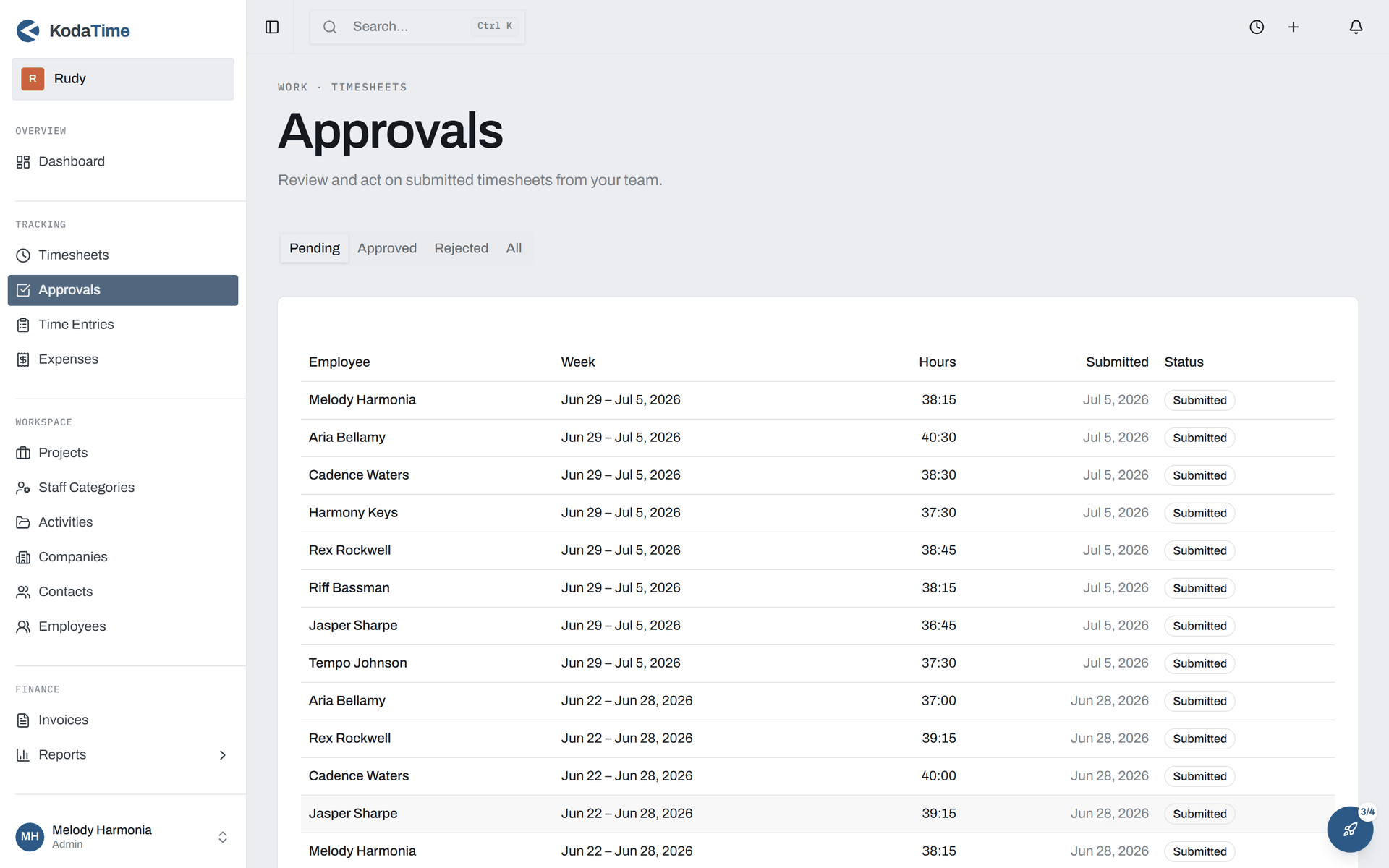 Approvals queue listing submitted timesheets from the team awaiting review