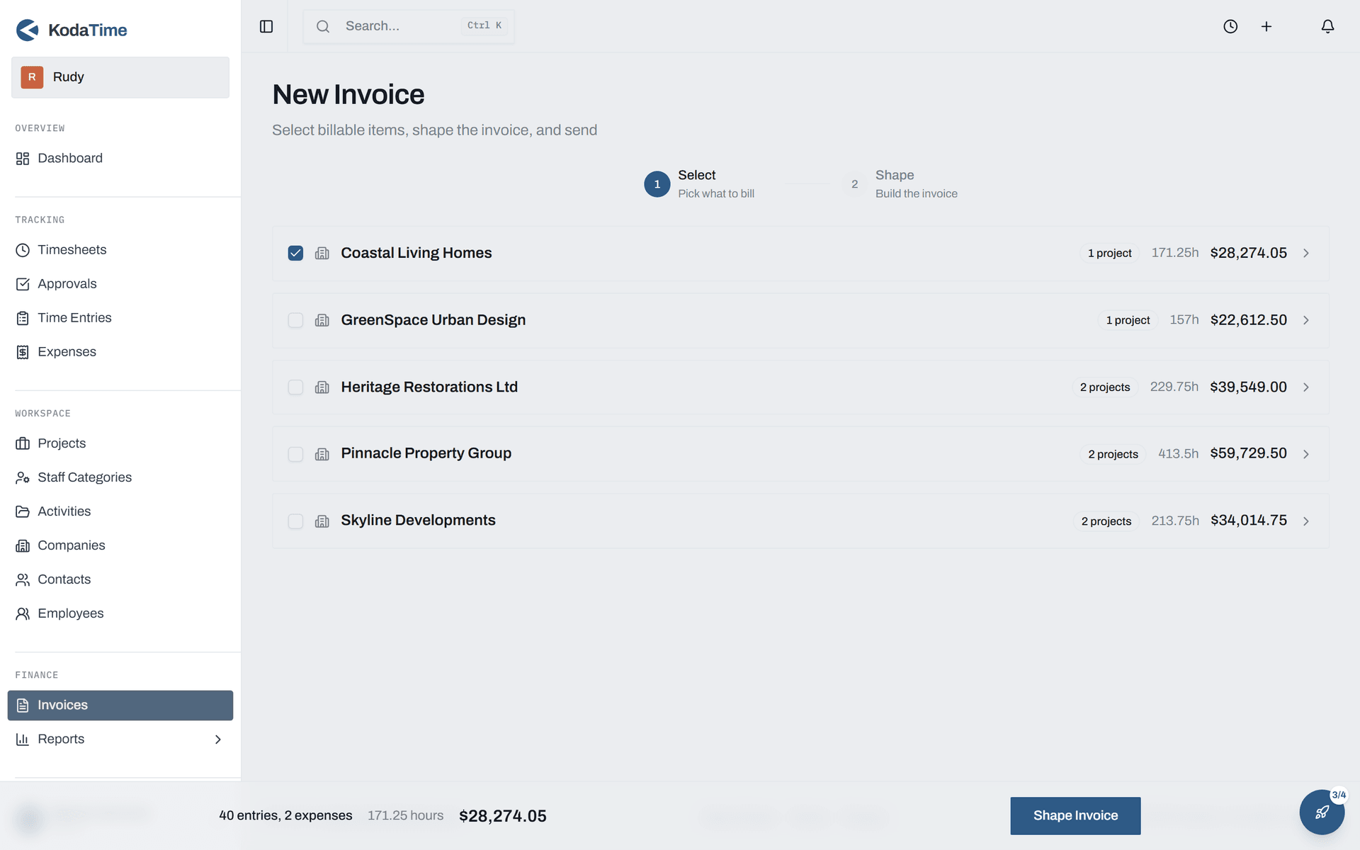 New invoice flow selecting uninvoiced time and expenses by client company
